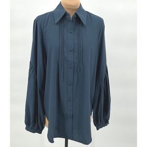 Grace Karin Pleated Blouse Top Long Bishop Sleeves Blue Button Down Shirt‎